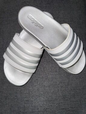 Adidas Women's White & Silver Slide Sandals 7